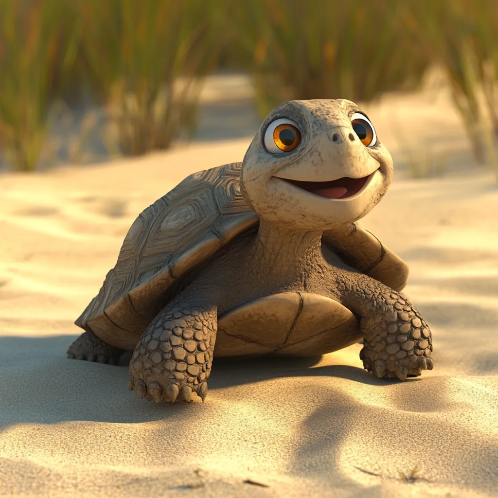 A cute, cartoon tortoise with large, expressive eyes and a happy smile is shown on a sandy beach.  The tortoise's shell is textured and detailed, and its limbs are short and sturdy.  The warm, golden light suggests it's either sunrise or sunset.  The background is blurred, focusing attention on the adorable creature.