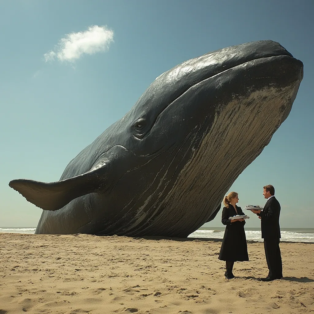 A colossal whale sculpture rests on a sandy beach under a clear sky.  A man and a woman, dressed in formal attire, stand before it, holding trays. The scene is surreal and dramatic, the immense size of the whale contrasting with the diminutive human figures. The overall mood is contemplative and slightly unsettling.