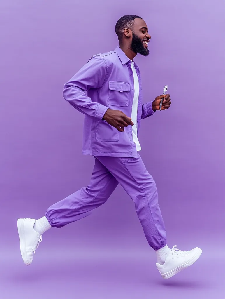 A joyful Black man in a vibrant purple tracksuit strides across a matching purple background.  He holds a wrench in his hand, adding a playful contrast to his stylish attire. His confident posture and bright smile radiate energy and positive vibes. The image is a bold statement of color and carefree attitude.