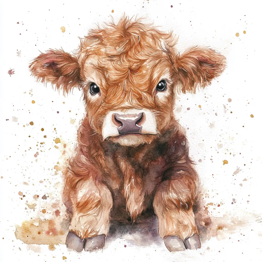 A watercolor painting depicts a charming Highland calf.  Its reddish-brown fur is meticulously detailed, showcasing its soft texture.  The calf's large, expressive eyes and gentle expression are captivating.  The artist uses a splash of watercolor around the calf, adding to the image's overall charm and creating a whimsical feel. The painting is both realistic and artistic.