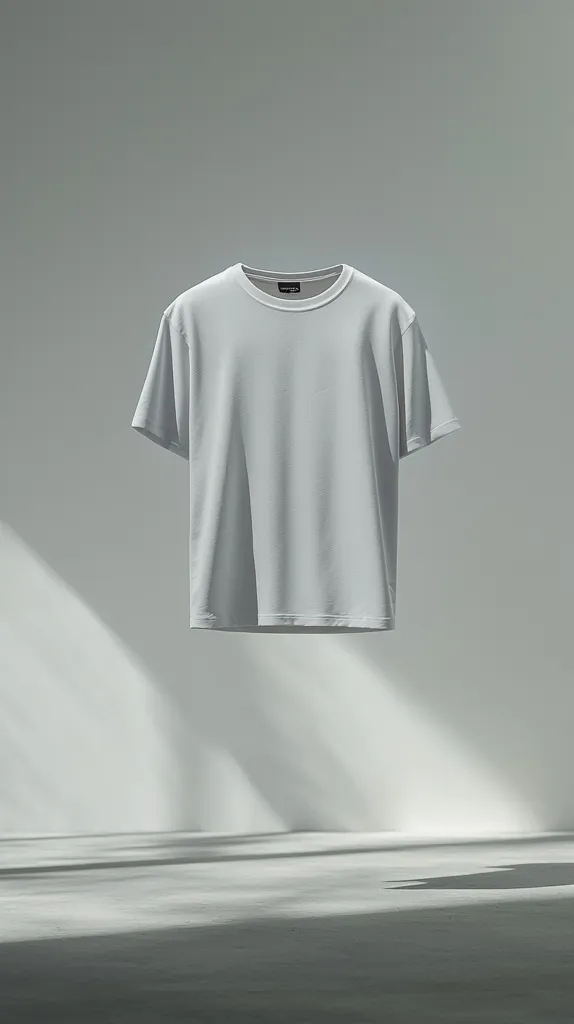 A minimalist image showcases a light gray crew neck t-shirt on a stark white background.  The shirt, simply styled, is positioned centrally.  Soft shadows cast by unseen light sources create a serene and sophisticated mood. The overall aesthetic is clean and modern, highlighting the garment's simple design.