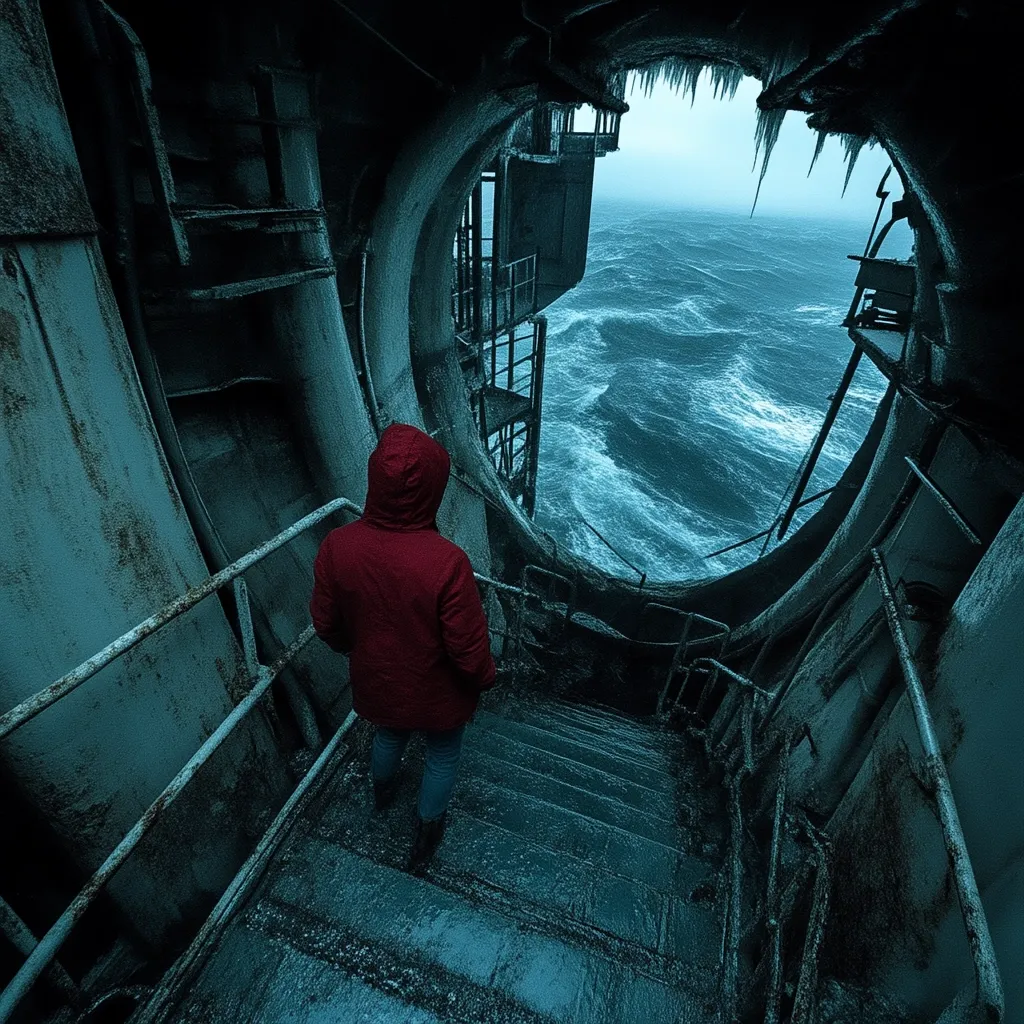 A person in a red hooded jacket descends a weathered metal staircase within a dilapidated ship.  A large circular opening reveals a turbulent, stormy sea beyond.  Icicles hang from the edges of the opening, emphasizing the harsh, cold environment. The scene is dark and moody, highlighting the ship's decay and the power of the ocean.