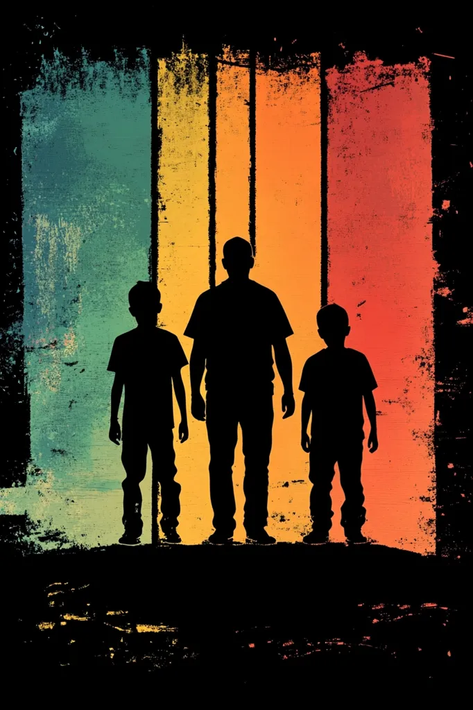 A vintage-style image features three silhouetted figures: a father and his two sons. They stand shoulder-to-shoulder against a backdrop of vertically striped, textured colors reminiscent of a retro palette. The silhouettes are simple yet powerful, conveying a sense of unity and family. The grunge-like background adds to the nostalgic feel.  The overall effect is a strong and sentimental representation of family bonds.