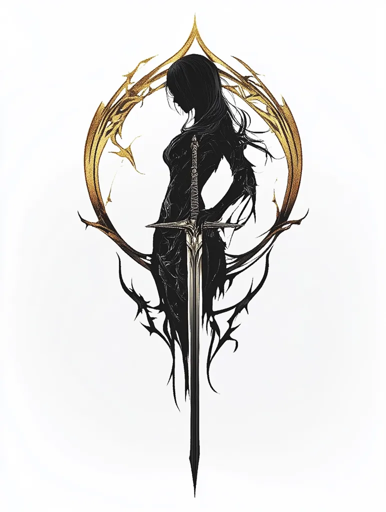 The image showcases a stylized silhouette of a woman, her long hair flowing, standing behind a large sword.  The silhouette is dark, contrasting sharply with a golden, ornate frame surrounding her.  The design is elegant and mysterious, suggesting strength, grace, and possibly a fantasy or game-related theme.  The overall effect is visually striking and symbolic.