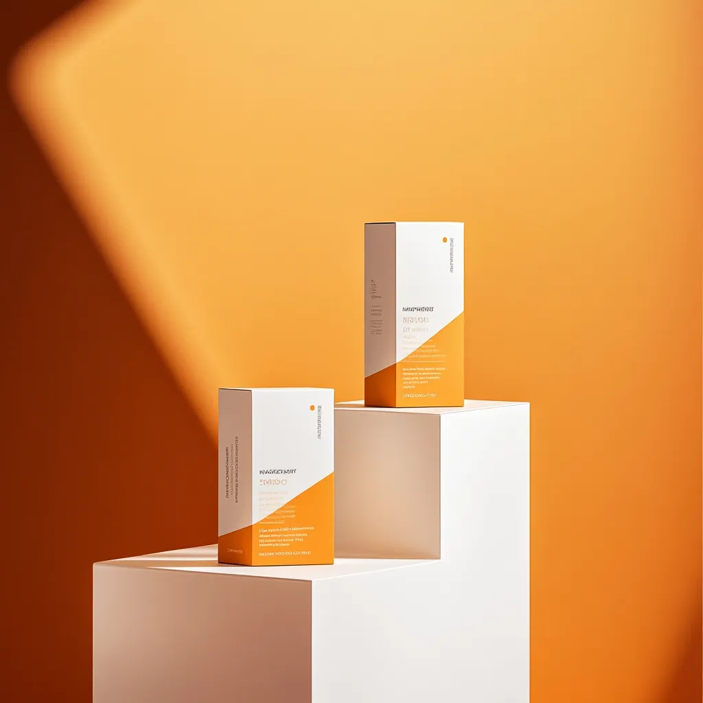 Two sleek, minimalist boxes of NAKED & HONEST ZINC + VIT C serum sit on a two-tiered white platform against a vibrant orange backdrop.  The boxes feature a clean design with a subtle orange accent, highlighting the product name and key ingredients.  Sunlight casts dramatic shadows, enhancing the overall aesthetic of the product presentation.