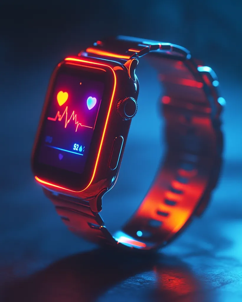 A sleek smartwatch with a metallic band is illuminated by vibrant red and blue neon lights.  The watch face displays a heart rate monitor graph, two heart icons, and a numerical value, likely representing vital health metrics.  The overall aesthetic is modern and futuristic, highlighting the technology's health tracking capabilities.