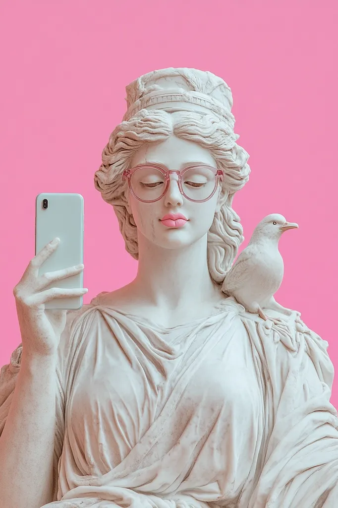 A classical marble bust of a woman, adorned with pink glasses, holds a smartphone, taking a selfie. A small white bird rests on her shoulder. The statue is presented against a vibrant pink background, creating a striking contrast between antiquity and modern technology. The image playfully juxtaposes classical art with contemporary culture.