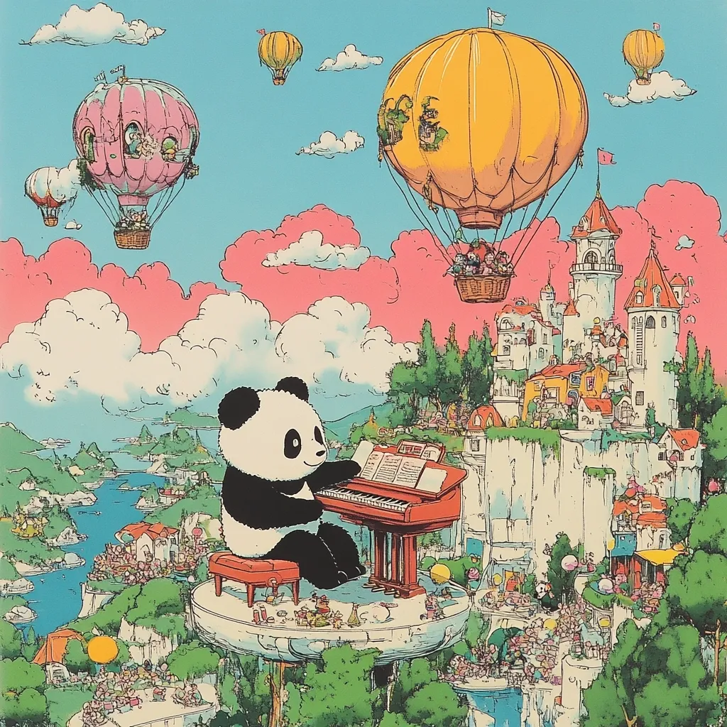 A whimsical illustration features a panda playing a spinet piano on a floating platform overlooking a fantastical town nestled on a cliff.  Hot air balloons, carrying passengers, drift in a vibrant, pastel sky above. The scene is playful and imaginative, filled with tiny figures and charming details, creating a dreamlike atmosphere.