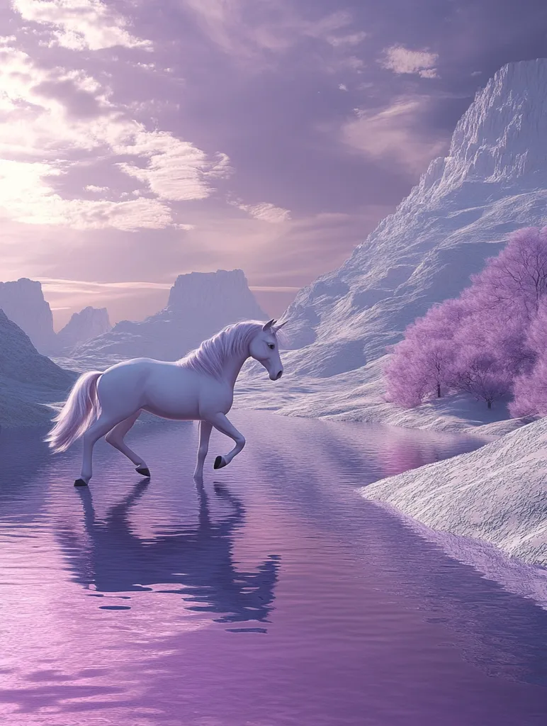 A white unicorn gracefully walks through a serene, purple-hued landscape.  The calm water reflects its image, creating a magical atmosphere.  Snow-capped mountains rise in the background, framed by delicate, frost-covered trees.  The overall scene evokes a sense of peace and ethereal beauty.