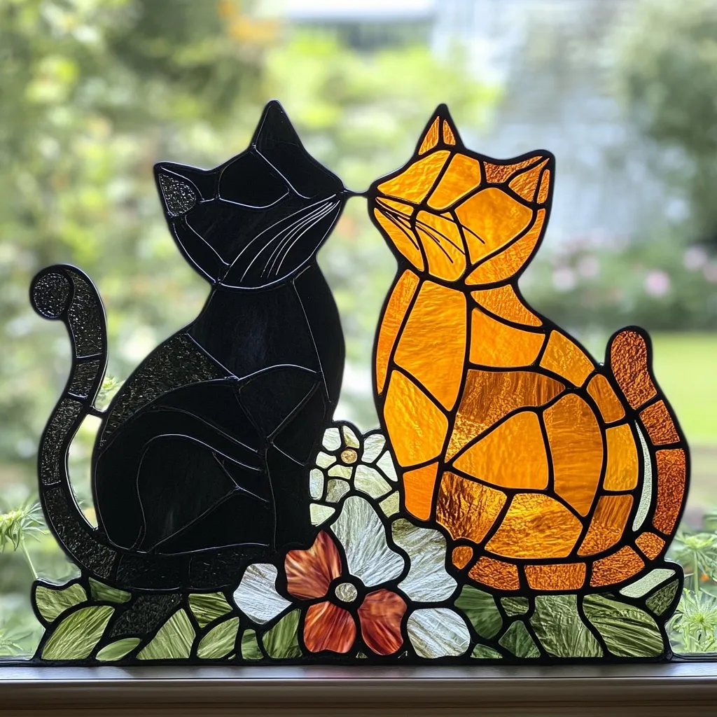 A charming stained-glass artwork depicts two cats, one black and one orange, affectionately nuzzling.  The cats are rendered in a mosaic style, their forms composed of numerous colored glass pieces.  They sit amidst a bed of stylized flowers in shades of white, green, and red, creating a vibrant and loving scene.  The piece is framed and appears to be displayed in a window.