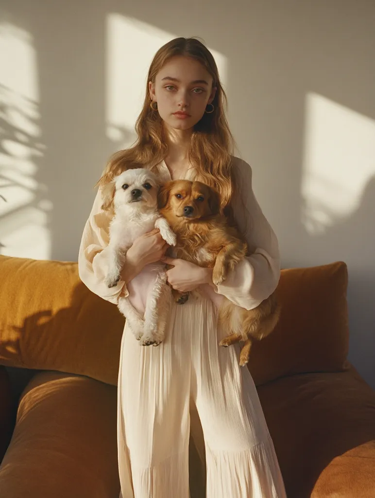 A young woman with long blonde hair, wearing a light beige pantsuit, gently cradles two small dogs. One dog is white, the other is light brown.  She stands on a mustard-colored couch, bathed in soft, natural light that casts shadows on the wall. The overall mood is serene and calm.