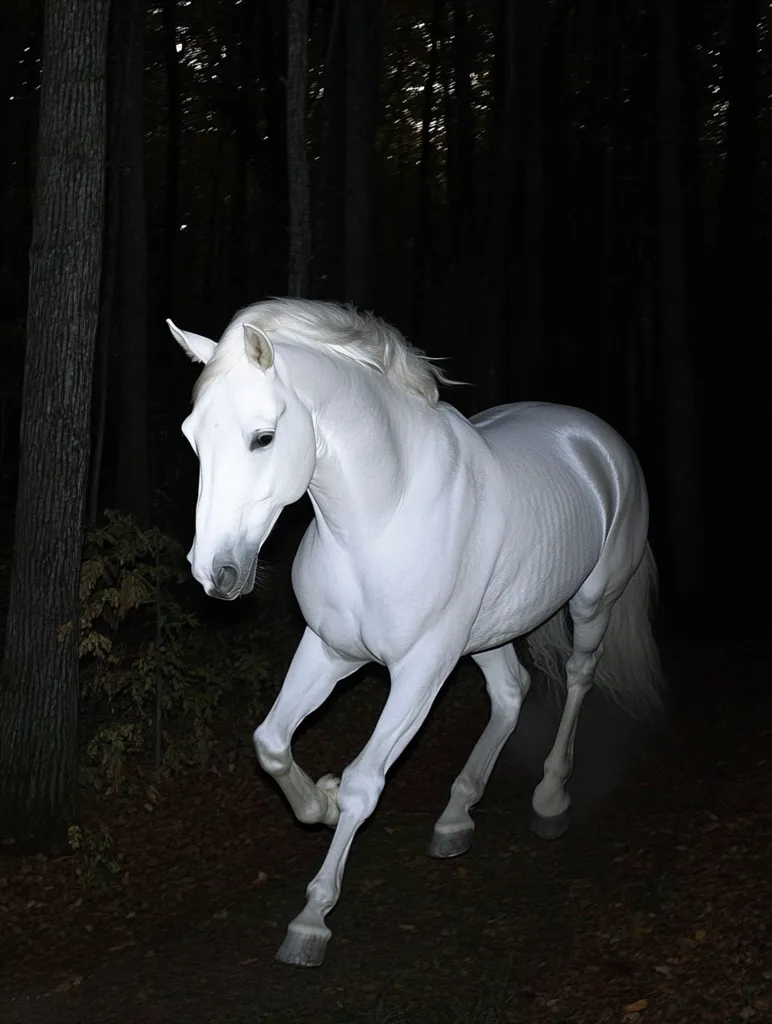 A majestic white horse gallops through a dark forest at night.  Its coat glows faintly in the low light, contrasting sharply with the shadowy trees. The horse's powerful legs are in motion, suggesting speed and grace. The overall atmosphere is mysterious and ethereal, creating a captivating scene.