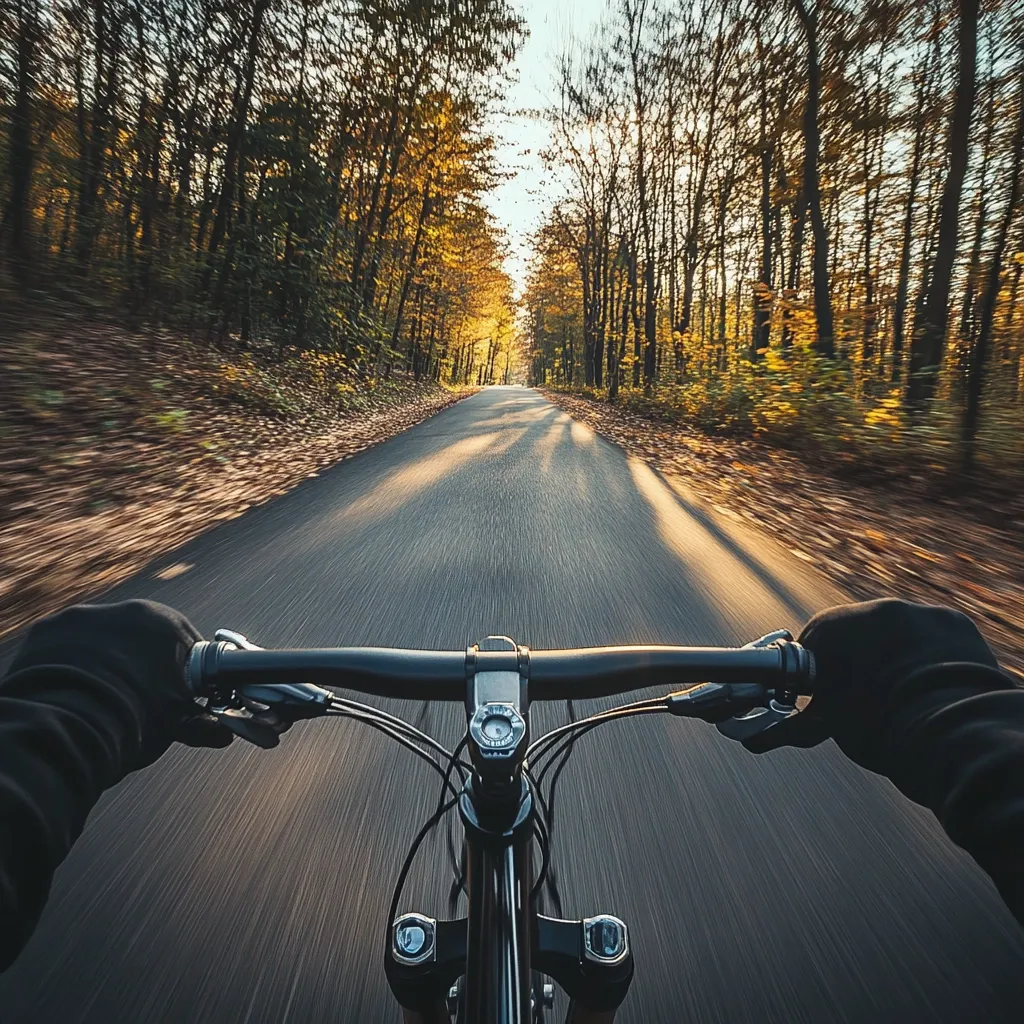 A first-person perspective of a cyclist speeding down a paved road through a sun-dappled autumn forest.  Leaves are scattered along the roadside, and the sunlight filters through the trees creating a warm, golden glow. The motion blur emphasizes the speed of the bike, creating a sense of exhilaration and freedom.