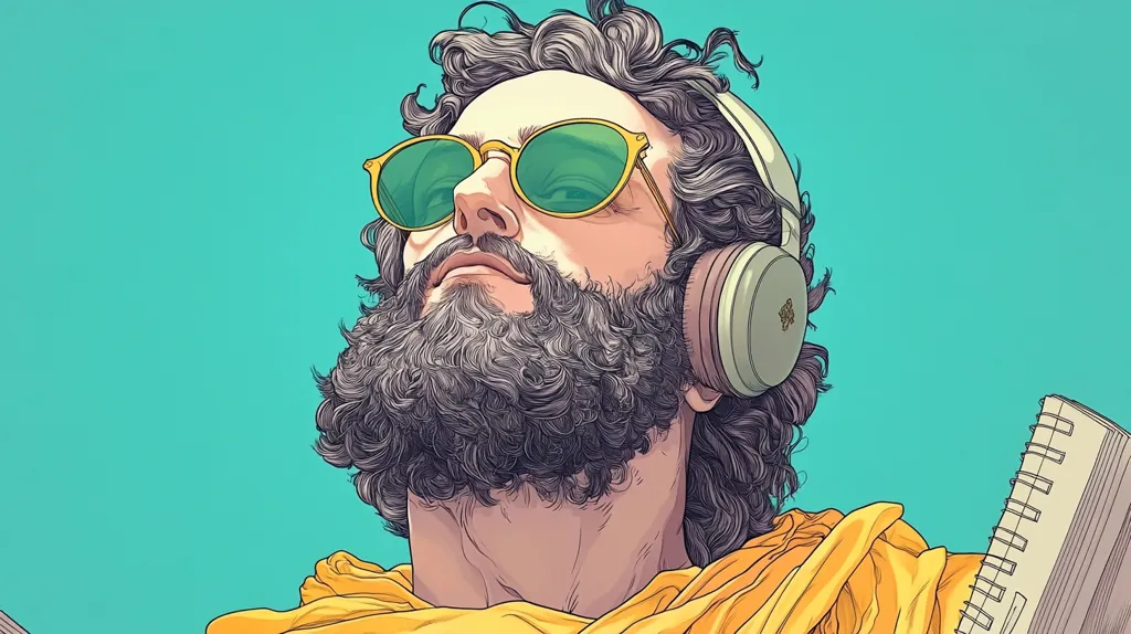 A stylized illustration depicts a man with voluminous curly hair and a full beard. He wears round green sunglasses and over-ear headphones, suggesting a relaxed and possibly artistic demeanor.  Draped in a yellow garment, he appears contemplative, his gaze directed upward.  A notebook rests near his shoulder, hinting at creativity or intellectual pursuits. The overall style is vibrant and detailed, with a focus on texture and linework.