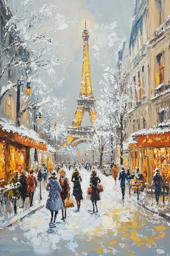 A Parisian street scene in winter, depicted in a painterly style. Snow-covered trees line a street with warm-lit shops and pedestrians. The Eiffel Tower glows in the distance, a focal point under a soft, grey sky. The painting uses visible brushstrokes and a palette of muted grays, whites, and warm yellows, giving a cozy and charming atmosphere.  People stroll along the snowy pavement, creating a lively yet peaceful ambiance.