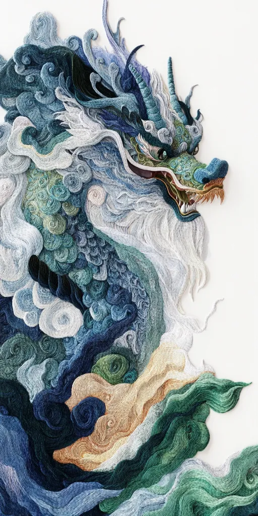 A detailed close-up of a meticulously crafted thread-embroidered dragon. The dragon's scales and flowing mane are rendered in swirling patterns of blues, greens, and beige threads, creating a three-dimensional effect.  The texture is rich and varied, capturing the mythical creature's power and elegance.  The artwork appears to be a form of textile art or embroidery, demonstrating exceptional skill and patience.