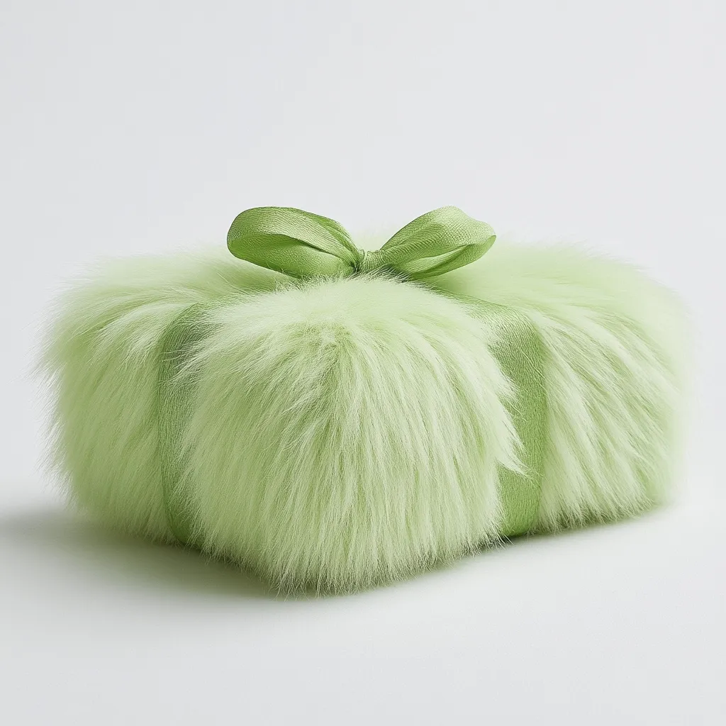 A light green fluffy box, resembling a present, is shown.  The box is covered in long, soft fur and tied with a matching satin ribbon in a bow. The texture is plush and the overall aesthetic is soft and luxurious.  The box is square-shaped, with the fur obscuring any visible seams or edges.
