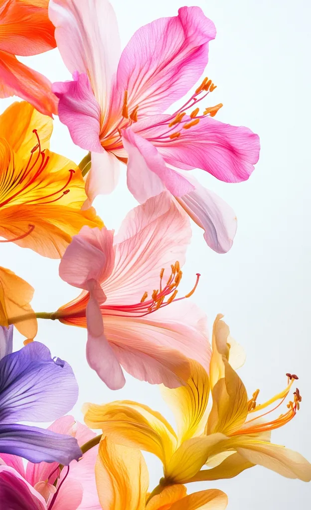 A vibrant bouquet of flowers in various pastel shades.  Pink, orange, and purple blossoms are artfully arranged, their delicate petals and stamens clearly visible. The soft lighting enhances the flowers' translucent quality, creating a dreamy, ethereal effect against a bright white background. The image evokes feelings of springtime and beauty.