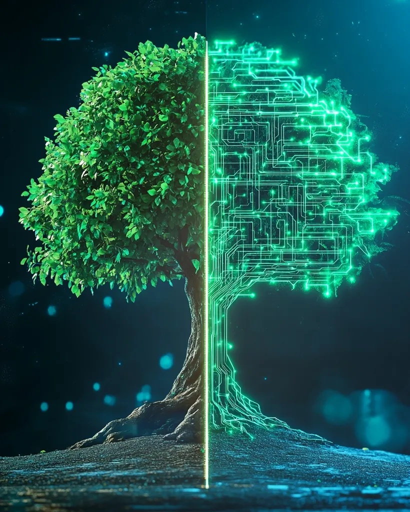 A digital art piece depicts a tree split in two. One half is a lush, green, natural tree, while the other half is a glowing, teal circuit board pattern mimicking the tree's branches and roots.  The image contrasts natural and technological elements, suggesting a connection or interplay between nature and technology.  The dark background enhances the vibrant colors of the tree and circuits.
