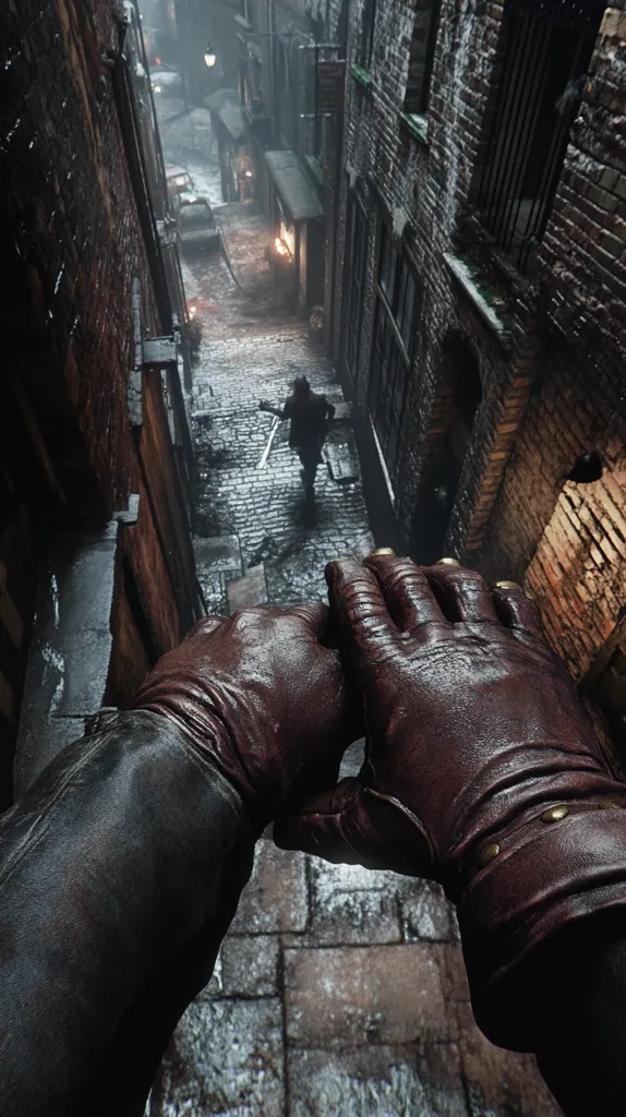 A first-person perspective overlooks a narrow, snow-dusted alleyway in a historic city.  A lone figure, cloaked and armed, walks up the stone steps. The viewer, wearing dark leather gloves, appears to be observing from a high vantage point, perhaps overlooking the street from a building.  The atmosphere is dark, mysterious, and evocative of a period drama or thriller.