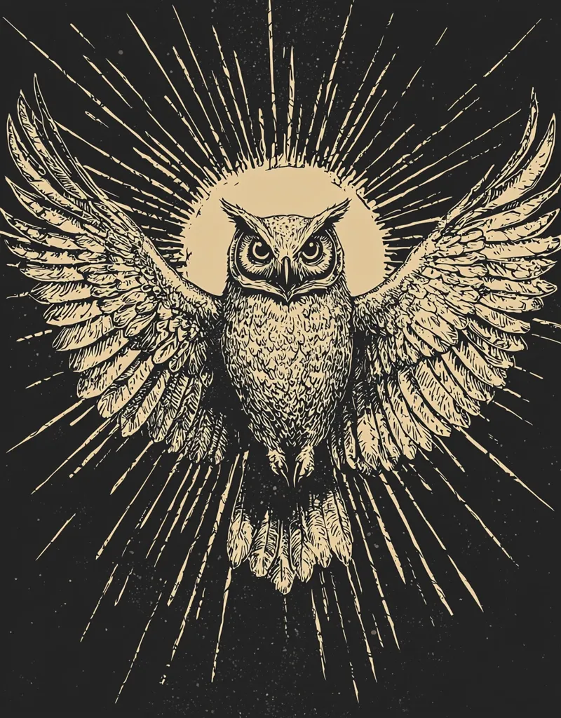 A detailed, vintage-style illustration of an owl in flight.  Its wings are outstretched, creating a powerful sense of movement. The owl is centrally positioned against a dark background, encircled by radiating lines suggesting light or energy. The image's style evokes a mystical or symbolic feel, reminiscent of woodcut or etching. The color palette is limited, using primarily beige and black.
