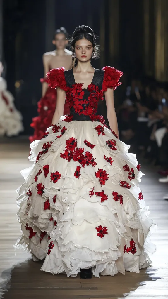 A model showcases a stunning white ballgown adorned with voluminous ruffles and vibrant red floral appliqués.  The bodice features a black, textured fabric with matching red flowers, creating a striking contrast. The dress's layered skirt is breathtaking, and the overall design is both romantic and dramatic, perfect for a high-fashion runway.  The model's dark hair and subtle makeup complement the gown's elegance.
