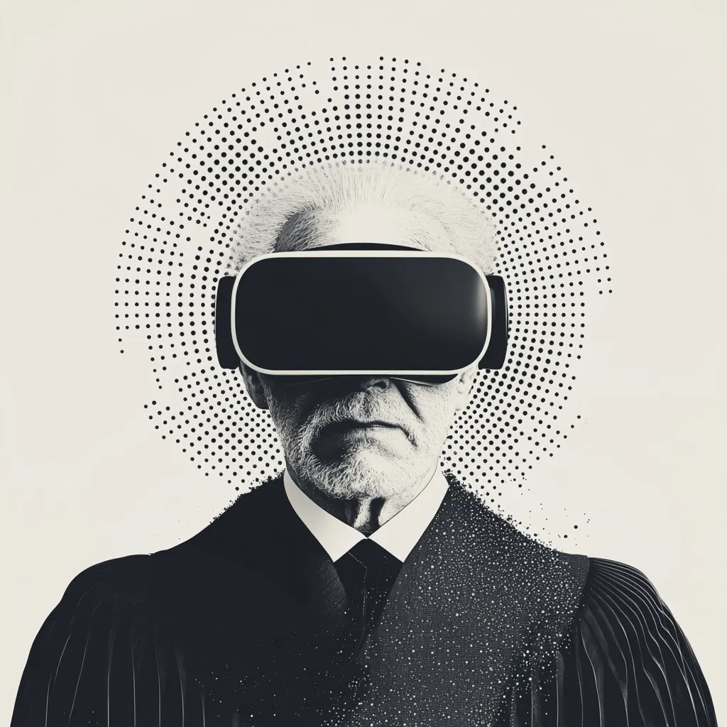 A black and white image depicts an elderly judge wearing a virtual reality headset.  The judge's face is serious and stern. Behind the judge is a halftone pattern resembling a burst of energy or data. The image suggests a futuristic or conceptual merging of traditional authority and emerging technology. The overall aesthetic is stylized and somewhat abstract.