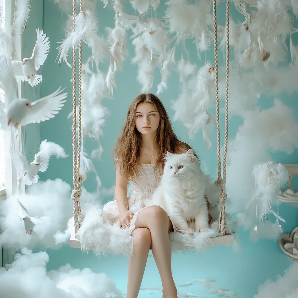A young girl with long brown hair sits on a fluffy white swing, cradling a white long-haired cat.  White doves and feathers float around them against a pale teal background, creating a dreamy, ethereal atmosphere. The scene is whimsical and peaceful, suggestive of a fantasy setting.  The girl wears a white dress, complementing the overall light and airy aesthetic.