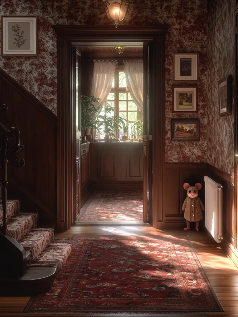 Sunlight streams through a window in a vintage hallway, illuminating a richly patterned rug.  Dark wood paneling and floral wallpaper create a warm, antique atmosphere.  Framed artwork adorns the walls, complementing the elegant staircase. A small, anthropomorphic mouse in a coat stands near a radiator, adding a whimsical touch to the scene. The overall impression is one of quiet elegance and nostalgic charm.
