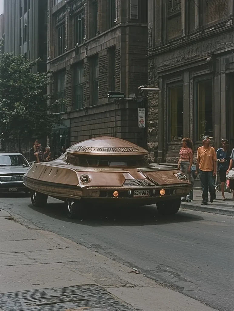 A unique, bronze-colored car with a dome-shaped roof drives down a city street.  The car's design is futuristic and unusual, drawing attention amidst pedestrians and older buildings lining the street.  People stroll on the sidewalk, seemingly unfazed by the vehicle's striking appearance. The scene is reminiscent of a vintage photograph, capturing a moment of unexpected contrast between the car and its environment.