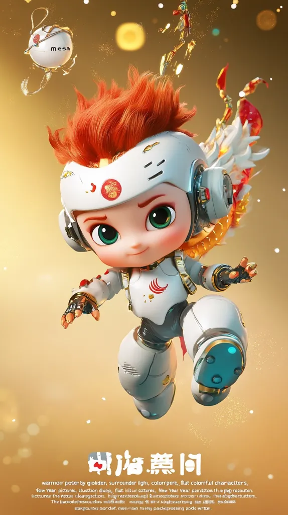 A vibrant poster features a cute, robotic child character with bright orange hair.  The character is designed in a futuristic, yet playful style, incorporating elements of Chinese New Year.  The background is a warm gold with glowing particles and abstract designs.  The overall aesthetic is bright, cheerful, and engaging, suggesting a children's animation or video game.