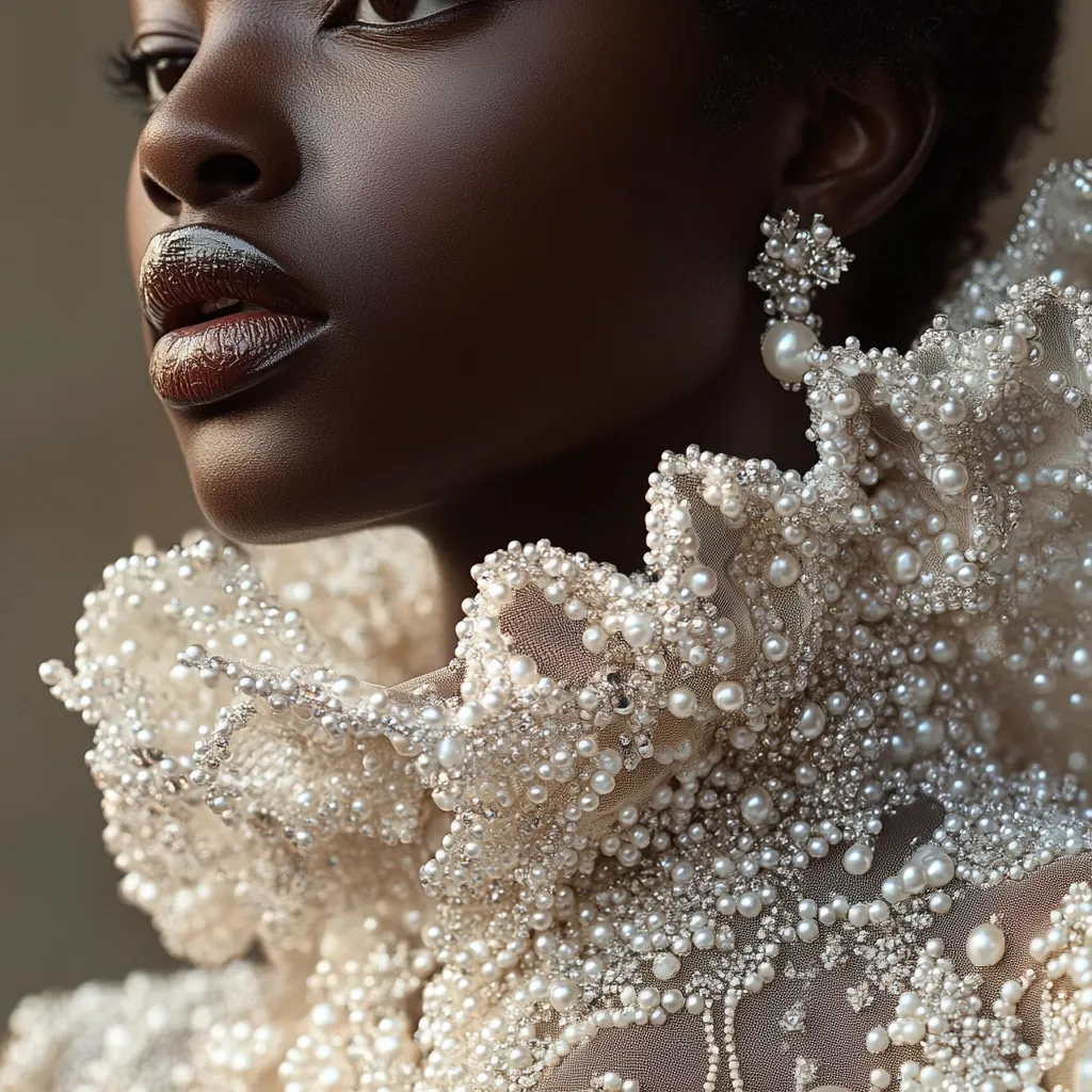 Close-up of a dark-skinned woman's face and neck, adorned with a stunning pearl-encrusted high collar.  The collar is intricately detailed, showcasing a delicate, ruffled texture.  She wears elegant pearl and diamond earrings. The image focuses on the contrast between her rich skin tone and the luminosity of the pearls, creating a dramatic and luxurious effect.