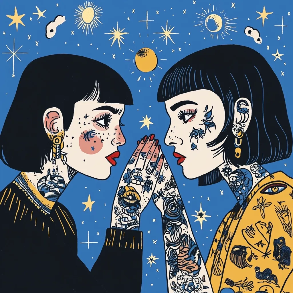 Two stylized women with bob haircuts and extensive tattoos face each other against a blue, star-filled background.  Their hands meet, creating a central focus.  The women's faces are detailed with unique markings, and their clothing is dark and vibrant.  Celestial bodies, including suns and moons, adorn the background, enhancing the mystical and symbolic nature of the artwork.
