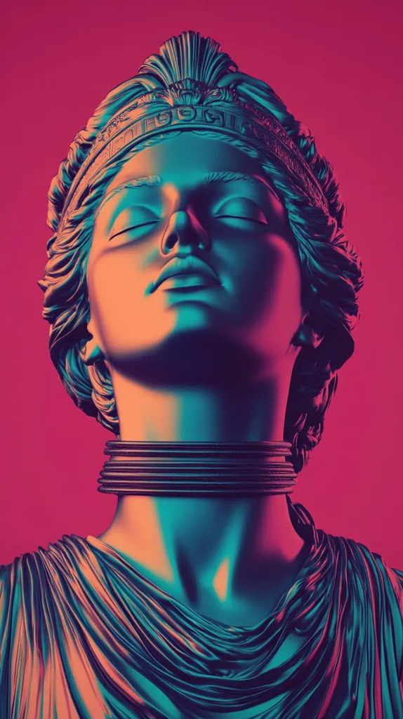 A stylized bust of a woman, reminiscent of classical sculpture, is presented against a vibrant pink backdrop.  The statue's surface shimmers with teal and purple highlights, creating a modern, almost otherworldly aesthetic.  The woman wears a crown and a choker, adding to the regal and slightly futuristic feel of the piece.  The overall effect is a striking blend of ancient and contemporary art styles.
