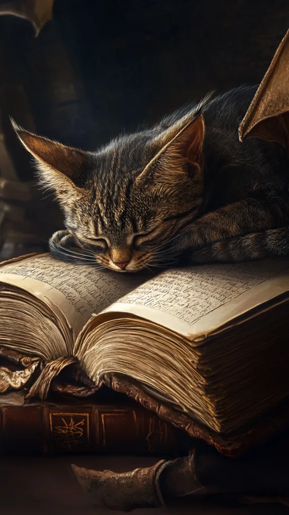 A tabby cat sleeps peacefully on an antique book, its head resting on the open pages.  The book's aged leather binding and yellowed pages suggest a history of stories.  The scene is dimly lit, creating a warm, cozy atmosphere, highlighting the textures of the fur, leather, and paper. The overall impression is one of quiet contemplation and the passage of time.