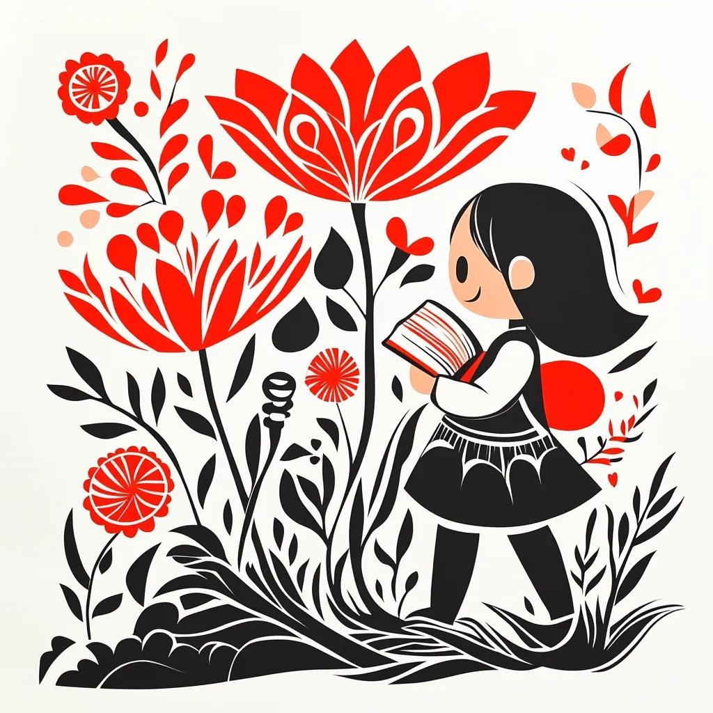 A stylized illustration depicts a girl with dark hair, wearing a black dress, happily reading a book amidst a vibrant garden.  The floral backdrop is a bold mix of black and red, with large, stylized flowers dominating the scene. The overall style is reminiscent of folk art or graphic design, with strong contrasts and simplified shapes. The image conveys a sense of peace and joy.
