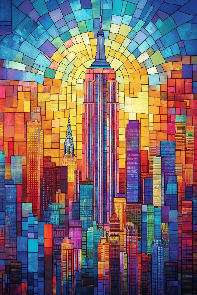 A vibrant, stylized depiction of the New York City skyline, rendered in a stained-glass effect.  The Empire State Building is prominently featured, surrounded by a colorful array of buildings in a spectrum of reds, oranges, blues, and purples.  The overall composition uses bold geometric shapes and a radiating sunburst pattern, creating a striking and artistic representation of the city.