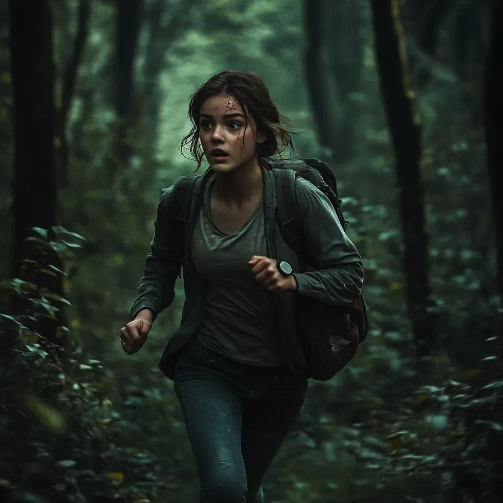 A young woman with a scrape on her forehead runs through a dark, dense forest.  She wears a dark green jacket, grey t-shirt, jeans, and a backpack.  Her expression is one of fear or urgency. The atmosphere is suspenseful and suggests she is escaping danger or pursuing something. The image is dark and moody, emphasizing the ominous setting.