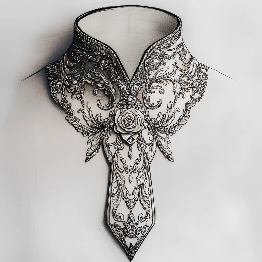 A detailed pencil sketch depicts an ornate necklace design.  The necklace resembles a high-collared shirt, intricately detailed with swirling rococo-style patterns and what appears to be diamond accents.  A central rose motif adds a touch of elegance. The design is rendered in grayscale, highlighting the fine lines and textures of the jewelry.  The overall style is reminiscent of vintage or antique jewelry.