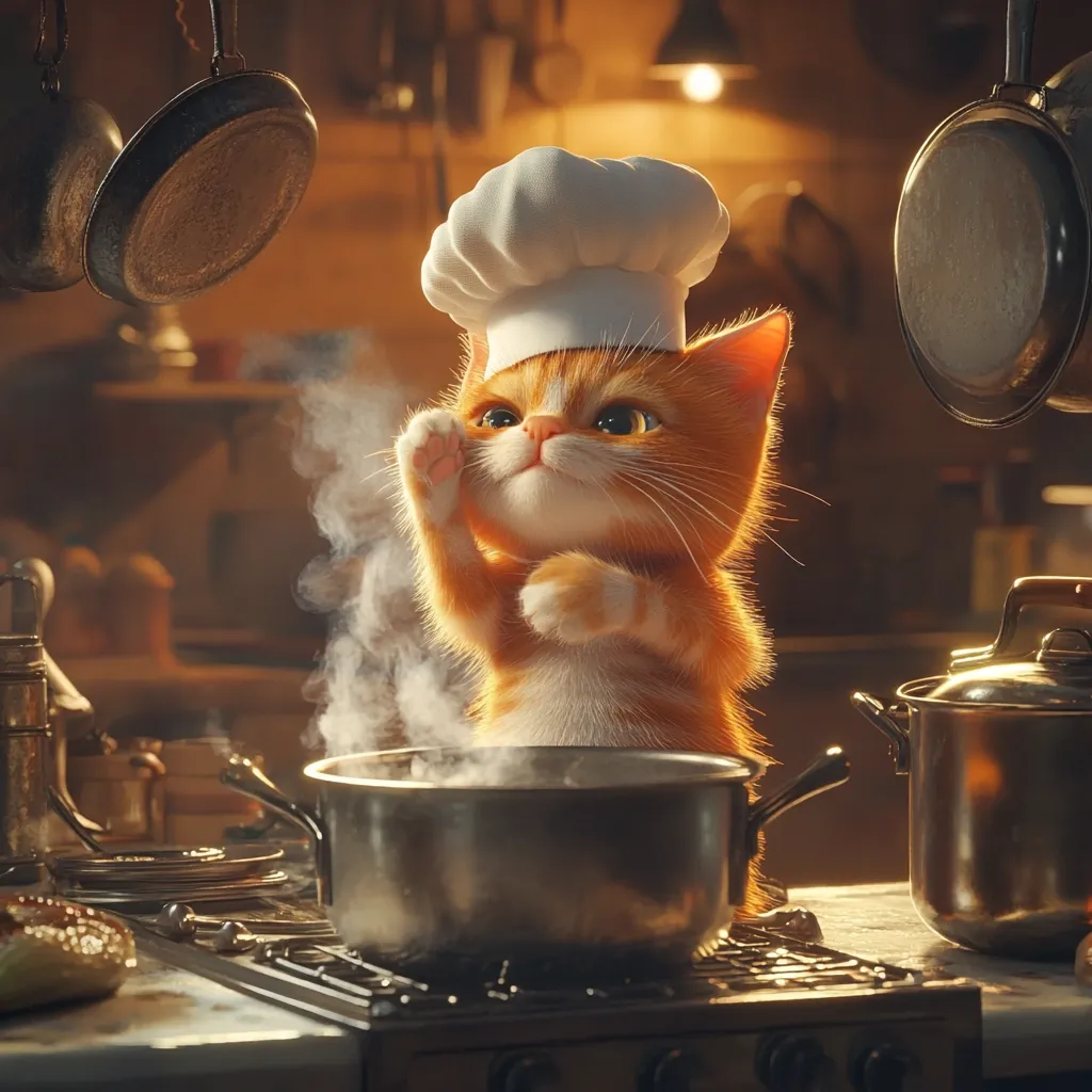 An adorable ginger kitten, wearing a chef's hat, stands proudly beside a steaming pot on a stove.  The kitchen setting is warm and inviting, filled with hanging pots and pans.  The kitten's paws are raised, seemingly in anticipation or satisfaction, creating a charming and whimsical scene.  The image evokes feelings of warmth, comfort, and culinary delight.