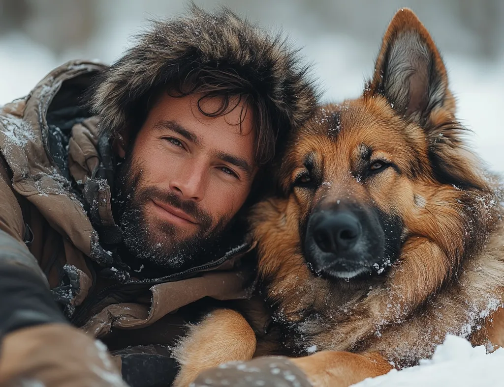 A man with a beard, wearing a brown winter parka with a fur-lined hood, lies in the snow next to a German Shepherd dog.  Both are covered in snowflakes. The man rests his head near the dog, creating a heartwarming scene of companionship in a snowy winter landscape.  Their expressions are calm and peaceful.