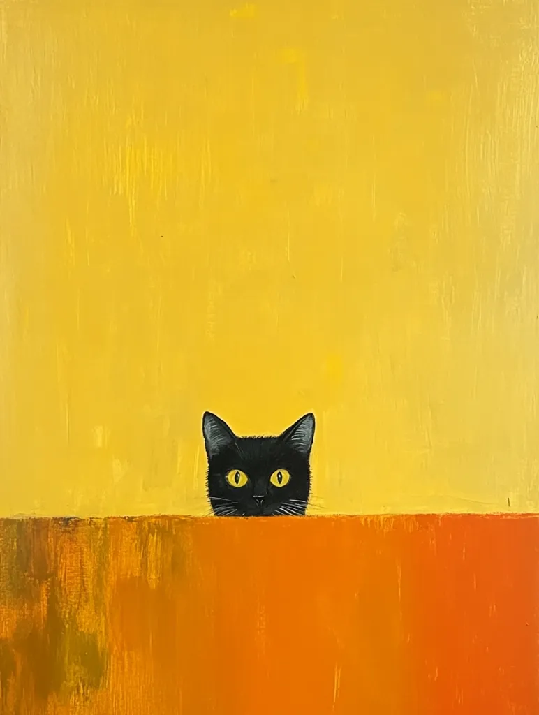 A minimalist painting features a black cat peeking over a vibrant orange and yellow textured background.  The cat's bright yellow eyes contrast sharply against its dark fur. The bold colors and simple composition create a playful yet sophisticated piece of art.  The style is reminiscent of modern, perhaps slightly naive, painting.