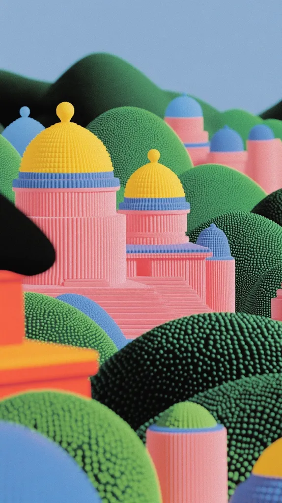 A vibrant, stylized landscape features pastel-colored buildings with dome-like tops, resembling a whimsical village.  The structures are rendered with a textured, almost pixelated surface. Lush green, textured hills and bushes surround the buildings, creating a playful contrast of shapes and colors.  The overall aesthetic is playful and surreal.