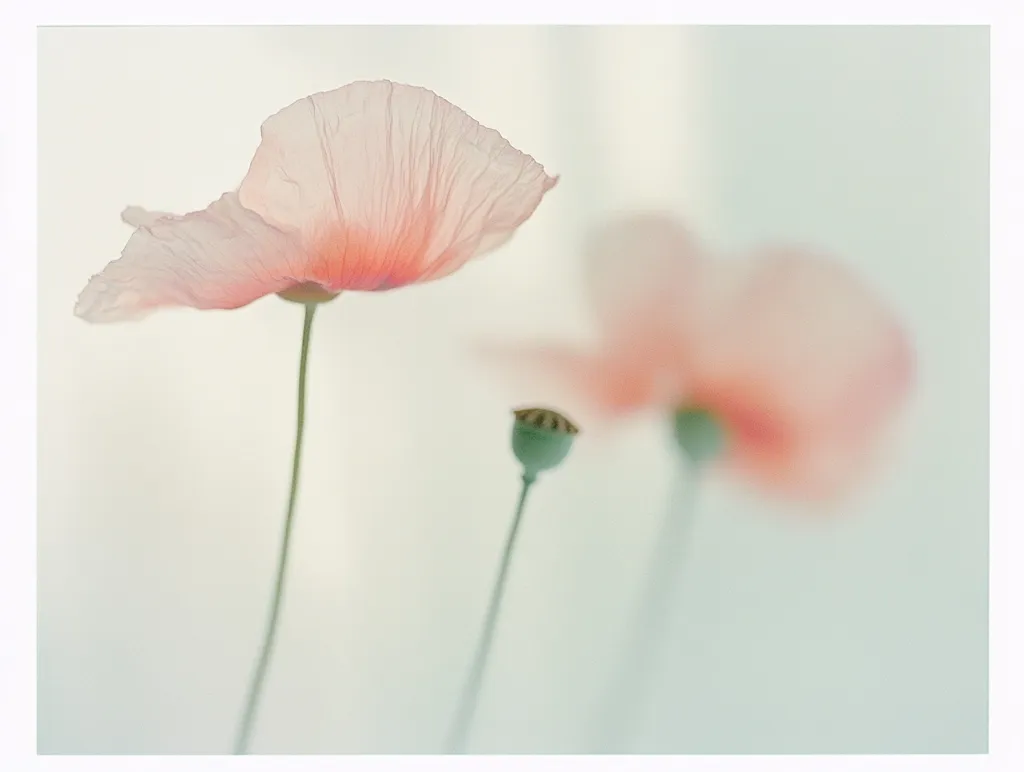 Two delicate pink poppies, softly blurred, grace a pale background.  One poppy is in sharp focus, its petals exhibiting a gentle peach hue at the center.  The second poppy is out of focus, creating a dreamy, ethereal effect.  The slender stems extend upward, enhancing the image's serene and tranquil atmosphere.  A seed pod is visible on one of the stems.
