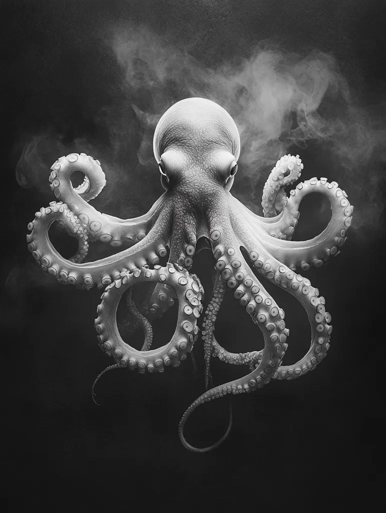 A monochromatic close-up captures an octopus in striking detail.  Its eight arms, textured with numerous suckers, curl and unfurl against a dark background, subtly veiled in a smoky haze.  The octopus's head is centrally positioned, its eyes prominent. The overall effect is dramatic and evocative of the creature's mysterious, deep-sea habitat.