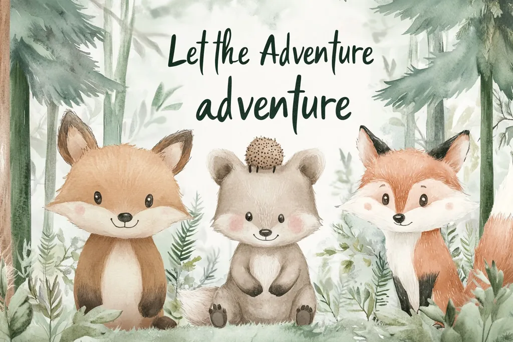 A charming watercolor illustration features two adorable foxes flanking a sweet woodland creature with a hedgehog perched on its head.  The scene is set within a lush, green forest.  The phrase "Let the Adventure adventure" is prominently displayed, adding a playful and adventurous tone to the artwork.  The overall style is soft, muted, and evokes a sense of calm and wonder.