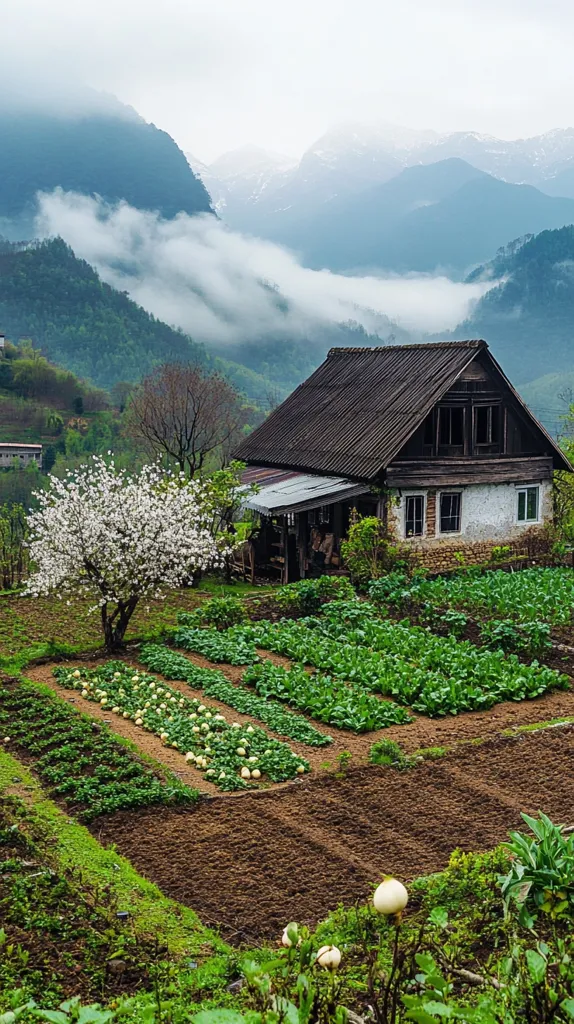 A rustic farmhouse nestled in a mountain valley, surrounded by a meticulously cultivated garden.  Rows of leafy greens and other crops thrive in the rich soil.  A blossoming tree adds a touch of springtime beauty.  Misty mountains provide a dramatic backdrop to this idyllic, self-sufficient scene.