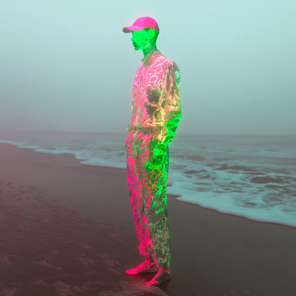 A surreal image depicts a translucent, vibrant figure standing on a beach.  The figure, wearing a pink cap and seemingly glowing with green and pink energy, is rendered with a cracked, almost ethereal texture. The beach is dark sand, the ocean calm and misty, creating a dreamlike atmosphere. The overall effect is otherworldly and artistic.