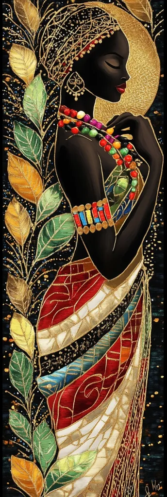 A captivating portrait showcases a Black woman adorned in vibrant, richly colored attire and elaborate gold jewelry.  Her serene expression and graceful pose are accentuated by the intricate detail of her clothing and the golden leaf motifs surrounding her. The artwork blends traditional African aesthetics with a contemporary style, resulting in a striking and elegant image.