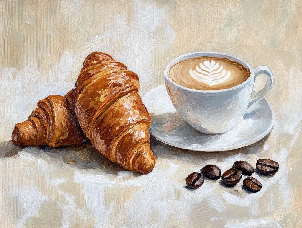 A still life painting depicts two golden-brown croissants nestled together beside a cup of latte art coffee.  The coffee sits on a white saucer, and a scattering of coffee beans rests on the creamy beige surface. The painting style is impasto, with visible brushstrokes adding texture and depth to the food and drink. The overall mood is warm and inviting.